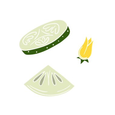 Sevimli sebze çizim stili. Beyaz arka planda salatalık. Beyaz taslak. Kartpostallar, el ilanları, afişler için tasarım. Simge, işaret, etiket, iğne, logo