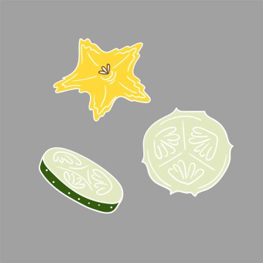 Sevimli sebze çizim stili. Gri arka planda salatalık. Beyaz taslak. Kartpostallar, el ilanları, afişler için tasarım