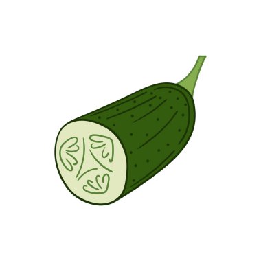 Sevimli sebze çizim stili. Beyaz arkaplanda salatalık simgesi. Kartpostallar, el ilanları, afişler için tasarım. Simge, imza, etiket