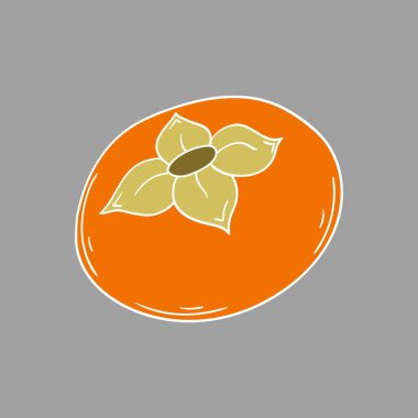 Sevimli meyve çizimi tarzı. Beyaz taslak. Gri arka planda hurma. Kartpostallar, el ilanları, afişler için tasarım. Simge, imza, etiket