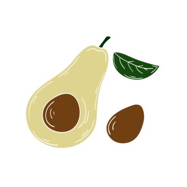 Sevimli meyve çizimi tarzı. Beyaz taslak. Beyaz arka planda avokado. Kartpostallar, el ilanları, afişler için tasarım. Simge, imza, çıkartma, iğne