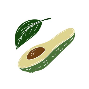 Sevimli meyve çizimi tarzı. Beyaz taslak. Beyaz arka planda avokado. Kartpostallar, el ilanları, afişler için tasarım. Simge, imza, etiket