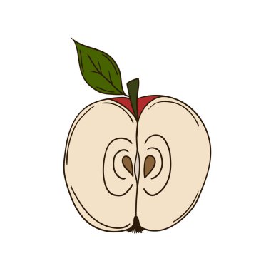 Sevimli meyve çizimi tarzı. Beyaz arka planda kırmızı elma ikonu. Kartpostallar, el ilanları, afişler için tasarım. Simge, imzala