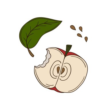 Sevimli meyve çizimi tarzı. Beyaz arka planda kırmızı elma ikonu. Kartpostallar, el ilanları, afişler için tasarım. Simge, imza, çıkartma, iğne