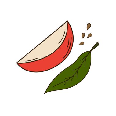 Sevimli meyve çizimi tarzı. Beyaz arka planda kırmızı elma ikonu. Kartpostallar, el ilanları, afişler için tasarım. Simge, imza, etiket