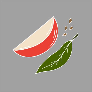 Sevimli meyve çizimi tarzı. Gri arkaplanda kırmızı elma simgesi. Beyaz taslak. Kartpostallar, el ilanları, afişler için tasarım. Simge, imza, etiket