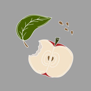 Sevimli meyve çizimi tarzı. Gri arkaplanda kırmızı elma simgesi. Beyaz taslak. Kartpostallar, el ilanları, afişler için tasarım. Simge, imza, çıkartma, iğne