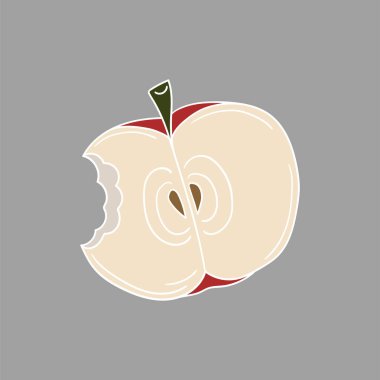 Sevimli meyve çizimi tarzı. Gri arkaplanda kırmızı elma simgesi. Beyaz taslak. Kartpostallar, el ilanları, afişler için tasarım. Simge, işaret, etiket, iğne, logo