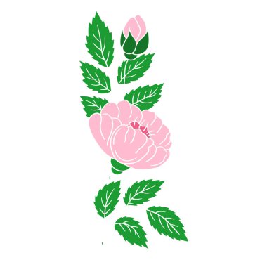 Sevimli çiçek çizimi tarzı. Beyaz arkaplanda Rosehip simgesi. Beyaz taslak. Kartpostallar, el ilanları, afişler için tasarım. Simge, imza, etiket