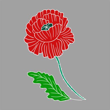 Sevimli çiçek çizimi tarzı. Gri arkaplanda gelincik simgesi. Beyaz taslak. Kartpostallar, el ilanları, afişler için tasarım