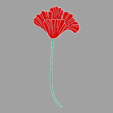 Sevimli çiçek çizimi tarzı. Gri arkaplanda gelincik simgesi. Beyaz taslak. Kartpostallar, el ilanları, afişler için tasarım. Simge, imza, çıkartma, iğne