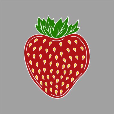 Elle çizim tarzında şirin çilek çizimi. Beyaz taslak. Gri arka planda çilek ikonu. Kartpostallar, el ilanları, afişler için tasarım. Simge, işaret, etiket, iğne, logo