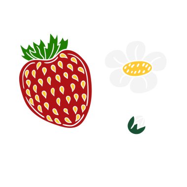 Elle çizim tarzında şirin çilek çizimi. Beyaz arka planda çilek ikonu. Beyaz taslak. Kartpostallar, el ilanları için tasarım