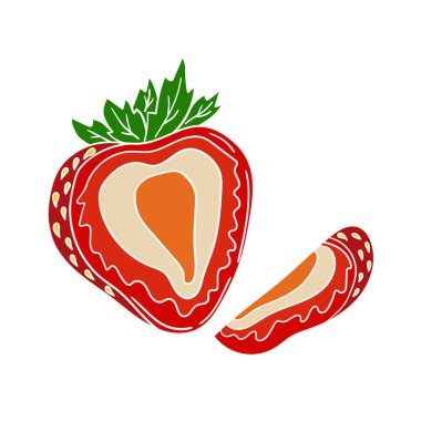 Elle çizim tarzında şirin çilek çizimi. Beyaz arka planda çilek ikonu. Beyaz taslak. Kartpostallar, el ilanları, afişler için tasarım. Simge