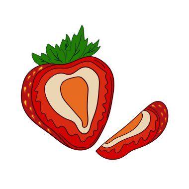 Elle çizim tarzında şirin çilek çizimi. Beyaz arka planda çilek ikonu. Kartpostallar, el ilanları, afişler için tasarım. Simge