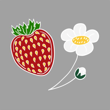 Elle çizim tarzında şirin çilek çizimi. Gri arka planda çilek ikonu. Beyaz taslak. Kartpostallar, el ilanları için tasarım