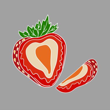 Elle çizim tarzında şirin çilek çizimi. Gri arka planda çilek ikonu. Beyaz taslak. Kartpostallar, el ilanları, afişler için tasarım. Simge