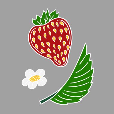 Elle çizim tarzında şirin çilek çizimi. Gri arka planda çilek ikonu. Beyaz taslak. Kartpostallar, el ilanları, afişler için tasarım. Simge, işaret, etiket, iğne, logo