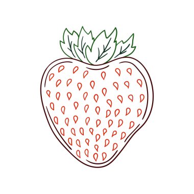 Elle çizim tarzında şirin çilek çizimi. Renk çizgisi. Beyaz arka planda çilek ikonu. Kartpostallar, el ilanları, afişler için tasarım. Simge, işaret, etiket, iğne, logo