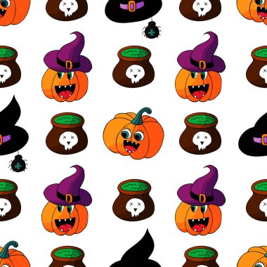 Cadılar Bayramı 'nın kusursuz çizim şekli. Cadı şapkası. Yaratıcılığın için Jack-o-fener duvar kağıdı. Yazdır