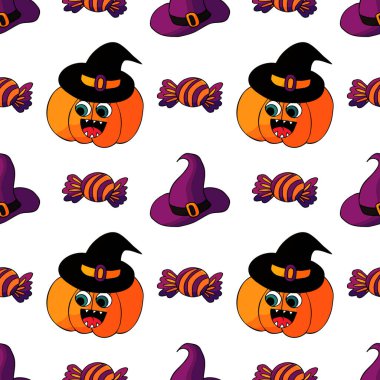 Cadılar Bayramı 'nın kusursuz çizim şekli. Yaratıcılığın için duvar kağıdı. Cadı şapkalı balkabağı. Tasarım, tekstil, kumaş, duvar kağıdı için yazdır