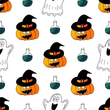 Cadılar Bayramı 'nın kusursuz çizim şekli. Yaratıcılığın için duvar kağıdı. Balkabağı, hayaletler, cadı şapkası. Yazdır