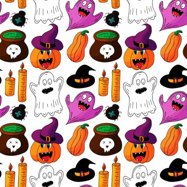 Cadılar Bayramı 'nın kusursuz çizim şekli. Yaratıcılığın için duvar kağıdı. Balkabağı, hayaletler, cadı şapkası. Tasarım, tekstil, kumaş, duvar kağıdı, ambalaj kağıdı, dekor vs. için yazdır