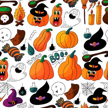 Cadılar Bayramı 'nın kusursuz çizim şekli. Yaratıcılığın için duvar kağıdı. Balkabağı, boooooo mesajı. Tasarım, tekstil, kumaş, duvar kağıdı, ambalaj için yazdır