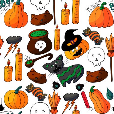 Cadılar Bayramı 'nın kusursuz çizim şekli. Yaratıcılığın için duvar kağıdı. Jack-o-fener, cadı şapkalı balkabağı. Tasarım, tekstil, kumaş, duvar kağıdı, ambalaj kağıdı, dekor için yazdır