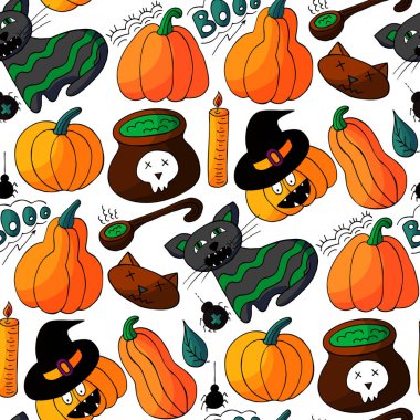 Cadılar Bayramı 'nın kusursuz çizim şekli. Yaratıcılığın için duvar kağıdı. Balkabağı, balkabağı, boooo mesajı. Tasarım, tekstil, kumaş, duvar kağıdı için yazdır