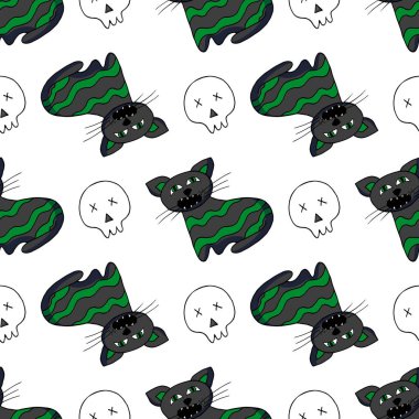 Cadılar Bayramı 'nın kusursuz çizim şekli. Ürkütücü kedi. Yaratıcılığın için güzel duvar kâğıdı. Tasarım, tekstil, kumaş için yazdır