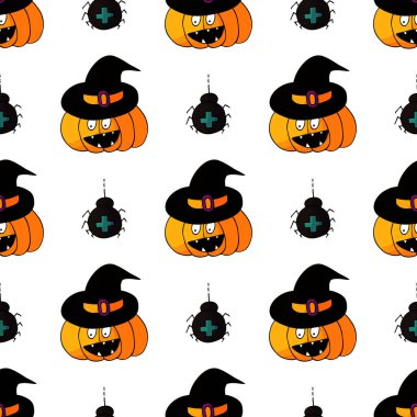 Cadılar Bayramı 'nın kusursuz çizim şekli. Balkabağı, örümcek, kedi. Yaratıcılığın için Jack-o-fener duvar kağıdı. Yazdır