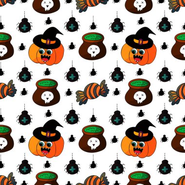 Cadılar Bayramı 'nın kusursuz çizim şekli. Balkabağı, örümcek, kedi. Yaratıcılığın için Jack-o-fener duvar kağıdı. Tasarım, tekstil, kumaş, duvar kağıdı, ambalaj için yazdır