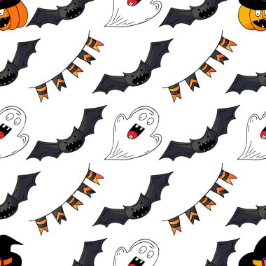 Cadılar Bayramı 'nın kusursuz çizim şekli. Balkabağım, bayraklar. Yaratıcılığın için Jack-o-fener duvar kağıdı. Tasarım, tekstil, kumaş, duvar kağıdı, ambalaj kağıdı, dekor için yazdır