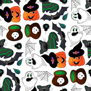 Cadılar Bayramı 'nın kusursuz çizim şekli. Balkabağım, Yarasa. Yaratıcılığın için duvar kağıdı. Tasarım, tekstil, kumaş için yazdır