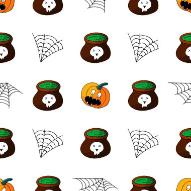 Cadılar Bayramı 'nın kusursuz çizim şekli. Balkabağı, balkabağı, örümcek ağı. Yaratıcılığın için güzel duvar kâğıdı. Tasarım ve tekstil için yazdır