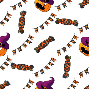 Cadılar Bayramı 'nın kusursuz çizim şekli. Balkabağı feneri, bayraklar. Yaratıcılığın için duvar kağıdı. Tasarım ve tekstil için yazdır