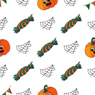 Cadılar Bayramı 'nın kusursuz çizim şekli. Balkabağı feneri, şeker. Yaratıcılığın için güzel duvar kâğıdı. Tasarım ve tekstil için yazdır