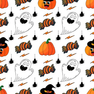 Cadılar Bayramı 'nın kusursuz çizim şekli. Balkabağı feneri, şeker. Yaratıcılığın için güzel duvar kâğıdı. Tasarım, tekstil, kumaş, duvar kağıdı, ambalaj için yazdır