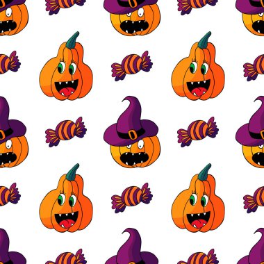 Cadılar Bayramı 'nın kusursuz çizim şekli. Balkabağı feneri, şeker. Yaratıcılığın için güzel duvar kâğıdı. Tasarım, tekstil, kumaş, duvar kağıdı, ambalaj kağıdı