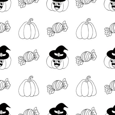 Cadılar Bayramı 'nın kusursuz çizim şekli. Balkabağı feneri, şeker. Yaratıcılığın için tek renkli duvar kağıdı. Tasarım, tekstil, kumaş, duvar kağıdı, ambalaj kağıdı, dekor vs. için yazdır