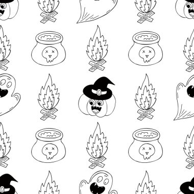 Cadılar Bayramı monokrom deseni elde çizim tarzında. Cadı şapkası. Yaratıcılığın için Jack-o-fener duvar kağıdı. Tasarım, tekstil, kumaş, duvar kağıdı, ambalaj kağıdı, dekor için yazdır