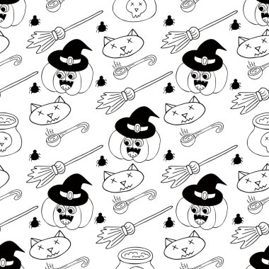 Cadılar Bayramı monokrom deseni elde çizim tarzında. Cadı şapkası. Yaratıcılığın için Jack-o-fener duvar kağıdı. Tasarım, tekstil, kumaş, duvar kağıdı, ambalaj kağıdı