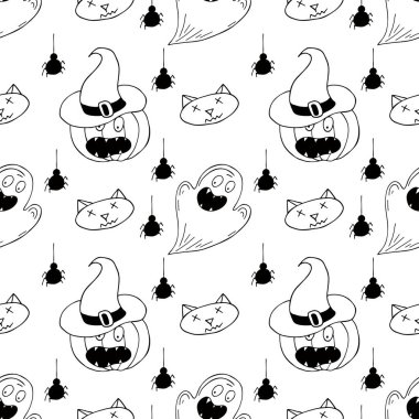 Cadılar Bayramı monokrom deseni elde çizim tarzında. Cadı şapkası. Yaratıcılığın için Jack-o-fener duvar kağıdı. Tasarım, tekstil, kumaş, duvar kağıdı, ambalaj kağıdı, dekor vs. için yazdır