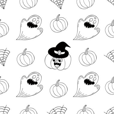 Cadılar Bayramı monokrom deseni elde çizim tarzında. Duvar kağıdı. Balkabağı, hayaletler, cadı şapkası