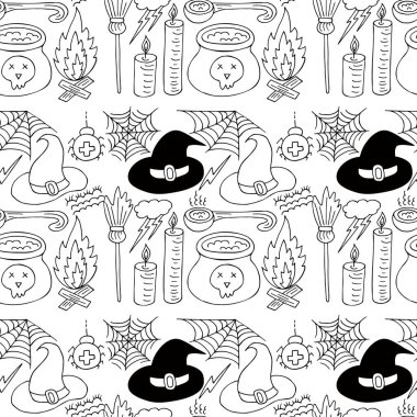 Cadılar Bayramı monokrom deseni elde çizim tarzında. Yaratıcılığın için duvar kağıdı. Cadı şapkası. Yazdır