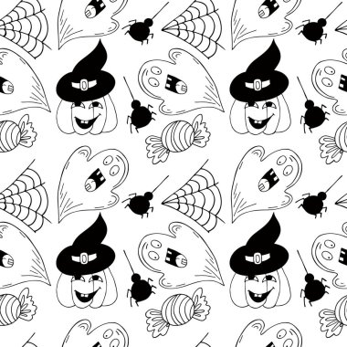 Cadılar Bayramı monokrom deseni elde çizim tarzında. Yaratıcılığın için duvar kağıdı. Örümcek ağı. Tasarım, tekstil, kumaş için yazdır