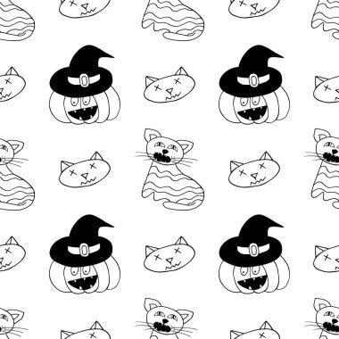Cadılar Bayramı monokrom deseni elde çizim tarzında. Yaratıcılığın için duvar kağıdı. Cadı şapkalı balkabağı. Tasarım, tekstil, kumaş, duvar kağıdı, ambalaj kağıdı, dekor için yazdır