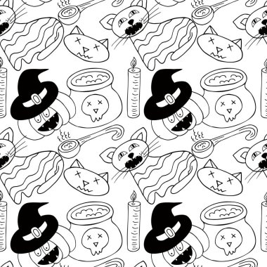 Cadılar Bayramı monokrom deseni elde çizim tarzında. Yaratıcılığın için duvar kağıdı. Cadı şapkalı balkabağı. Tasarım, tekstil, kumaş, duvar kağıdı, ambalaj kağıdı