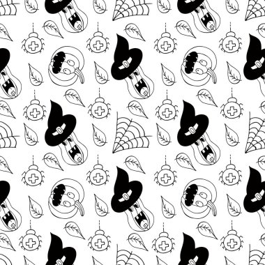 Cadılar Bayramı monokrom deseni elde çizim tarzında. Yaratıcılığın için duvar kağıdı. Cadı şapkalı balkabağı. Tasarım, tekstil, kumaş, duvar kağıdı, ambalaj için yazdır